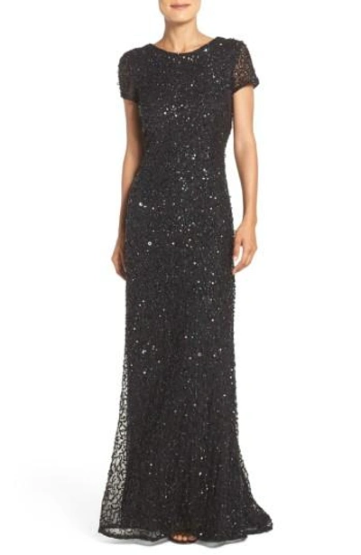 Adrianna Papell Short Sleeve Sequin Mesh Gown In Black