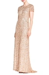 Ag Short Sleeve Sequin Mesh Gown In Champne/gold