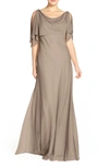 Jenny Yoo Devon Glitter Knit Gown With Detachable Capelet In Taupe