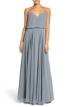 Jenny Yoo Inesse Chiffon V-neck Spaghetti Strap Gown In Denmark Blue