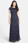 Adrianna Papell Short Sleeve Sequin Mesh Gown In Navy/ Gunmetal