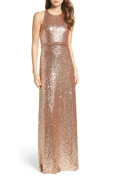 Jenny Yoo Sloane Sequin Halter Gown In Rose Gold