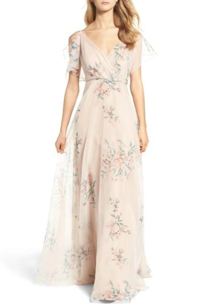 Jenny Yoo Cassie Flutter Sleeve Surplice Gown In Blush Chai