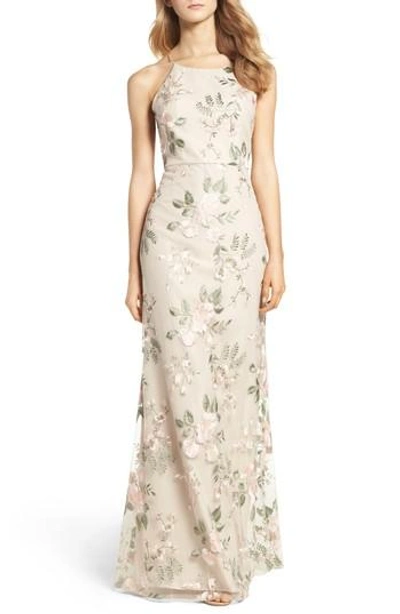 Jenny Yoo Claire Floral Embroidered Gown In Blush Sand Dune ModeSens