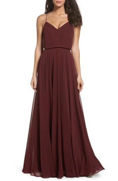 Jenny Yoo Inesse Chiffon V-neck Spaghetti Strap Gown In Hibiscus