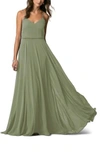 Jenny Yoo Inesse Chiffon V-neck Spaghetti Strap Gown In Seaglass