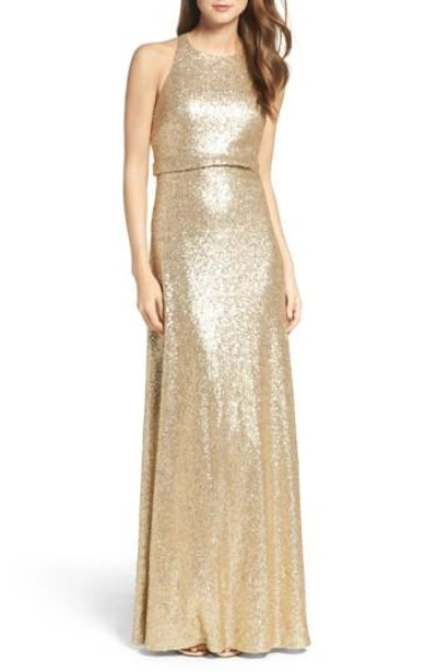 Jenny Yoo Sloane Sequin Halter Gown In Matte Gold