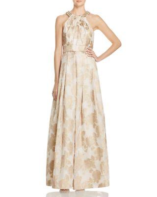 Eliza J Embellished Floral Jacquard Fit & Flare Gown In Champagne ...