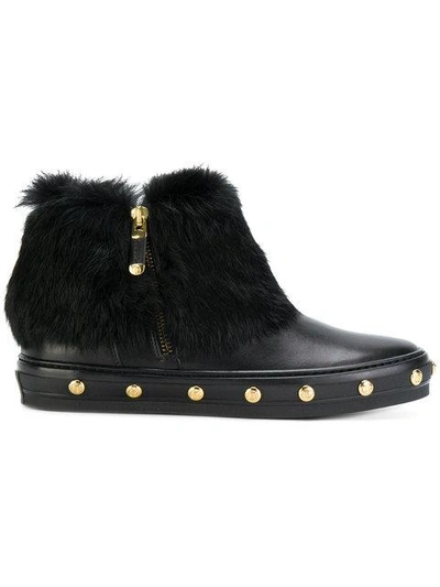 Baldinini Studded Fur Ankle Boots In Black