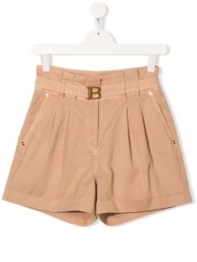 Balmain Kids Beige Cotton Shorts With Pleats And Monogram Belt In Neutrals