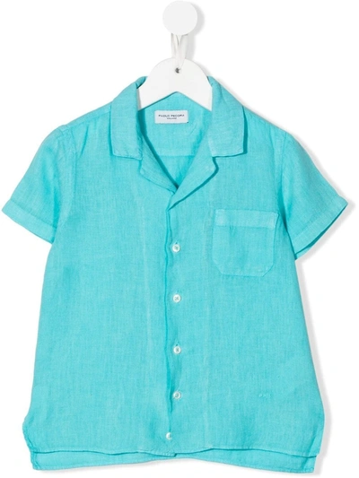Paolo Pecora Kids' Cuban Collar Patch Pocket Shirt In Blue