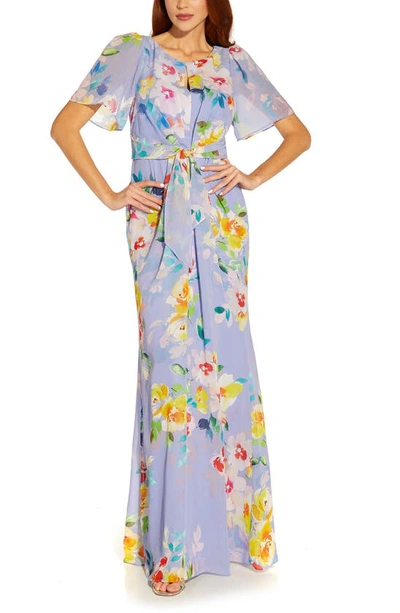 Adrianna Papell Floral Print Chiffon Gown In Peri Multi