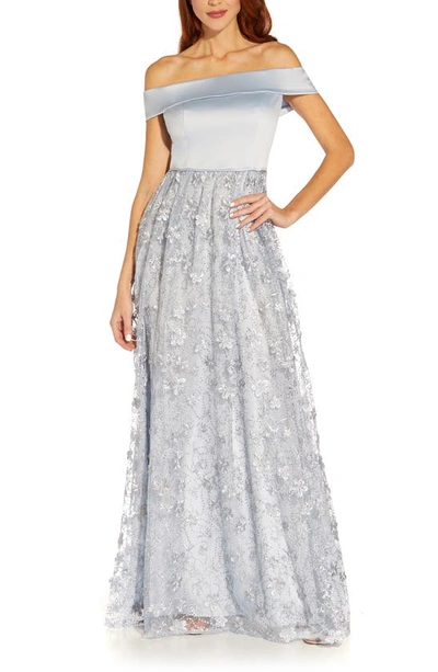 Adrianna Papell Embroidered Floral Off The Shoulder Gown In Opal