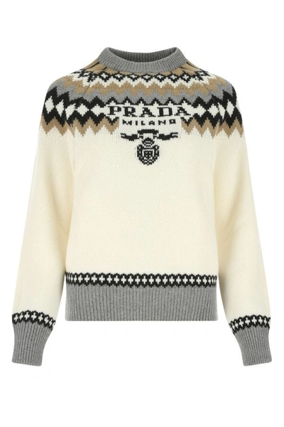 Prada Embroidered Cashmere Sweater  Printed  Donna 38 In Cream