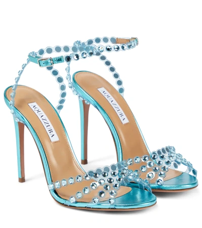Aquazzura Tequila 105 Metallic Leather And Crystal Embellished Pvc Sandals In Blue Modesens