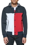 Tommy Hilfiger Men's Varsity Regular-fit Hooded Bomber Jacket In Navy/white/red Colorblock