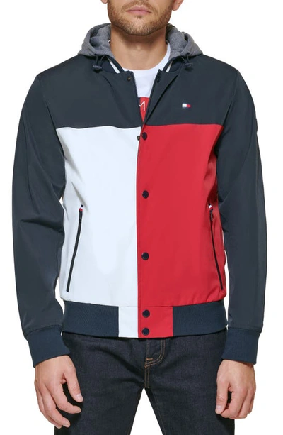 Tommy Hilfiger Men's Varsity Regular-fit Hooded Bomber Jacket In Red/ice/navy