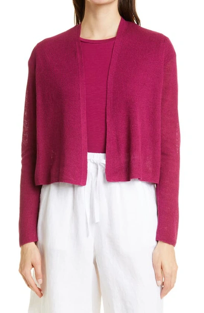 Eileen Fisher Ribbed Organic Linen & Cotton Cardigan In Berry