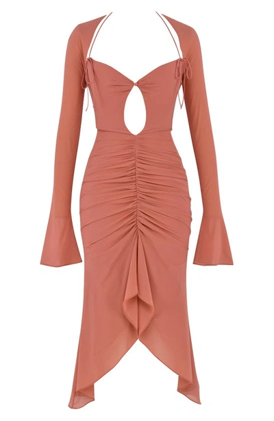 House Of Cb Reine Long Sleeve Silk Blend Cutout Midi Dress In Pink
