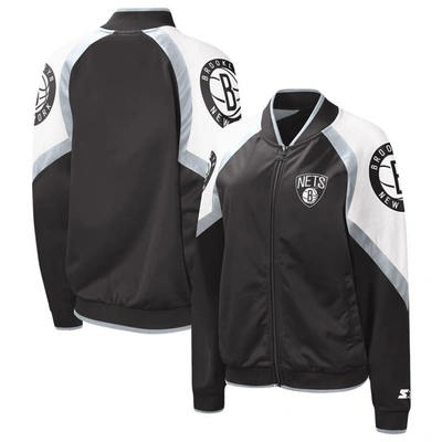 Starter Women's  Black, Silver Brooklyn Nets Fan Girl Satin Raglan Full-zip Jacket In Black,silver