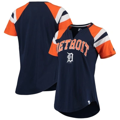 Starter Women's  Navy, Orange Detroit Tigers Game On Notch Neck Raglan T-shirt In Navy,orange