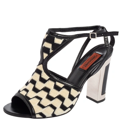 Pre-owned Missoni Cream/black Knit Fabric And Leather Open-toe Ankle Strap Sandals Size 39
