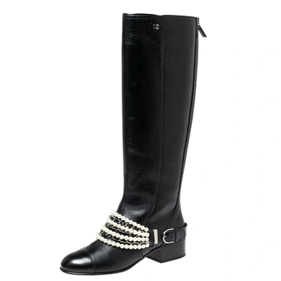 Pre-owned Black Leather Pearl Embellished Knee Length Boots Size 38