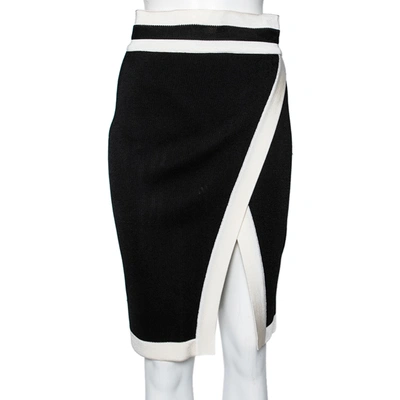 Pre-owned Balmain Black And White Knit Slit Detailed Pencil Midi Skirt S