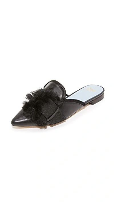 Frances Valentine 'paulette' Fur Pompom Leather Slides In Black