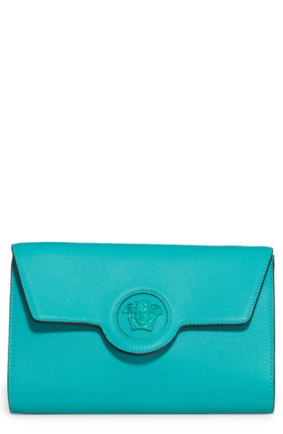 Versace La Medusa Leather Wallet On A Strap In Turquoise- Gold
