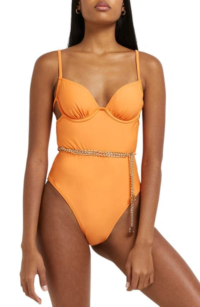 River Island Chain Detail Underwire One piece Swimsuit In Orange ModeSens
