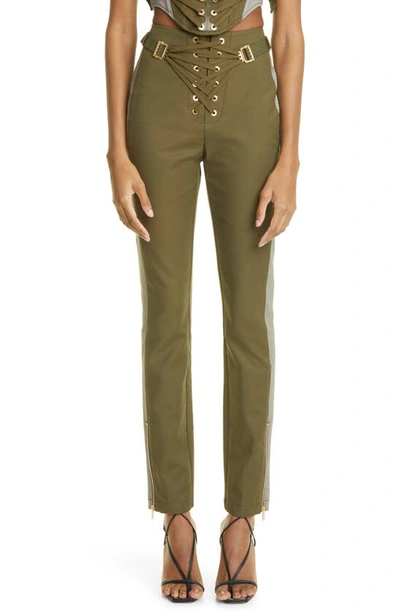 Dion Lee Lace-up Two-tone Cotton-blend Slim-leg Pants In Green