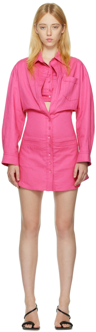 Jacquemus Baunhilha Layered Linen Mini Shirt Dress In Fuchsia