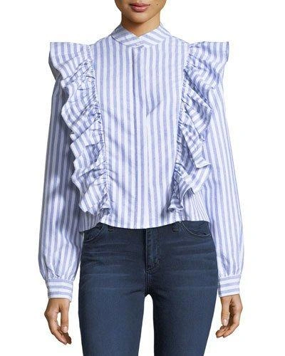 Haute Rogue Kate Ruffled Striped Crepe Blouse In Blue