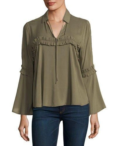 19 Cooper Ruffle-trim Long-sleeve Blouse In Olive