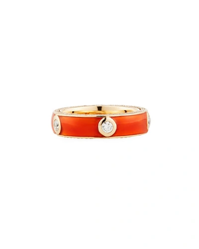 Adolfo Courrier Orange Enamel Band Ring With White Diamonds