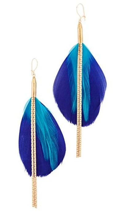 Serefina Double Drop Feather Earrings In Gold/blue