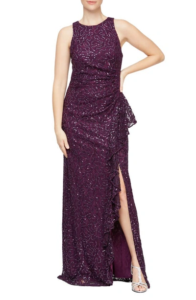 Alex Evenings Ruffle Sequin Lace Gown In Plum