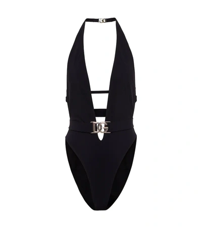 Dolce & Gabbana Belted Halterneck Swimsuit In Nero