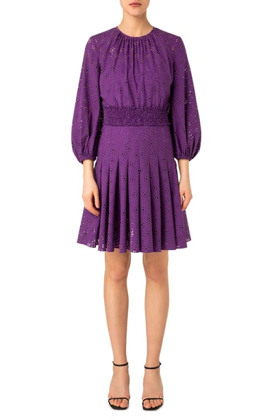 Akris Punto Laser-cut Eyelet Embroidered Bishop-sleeve Dress In Purple