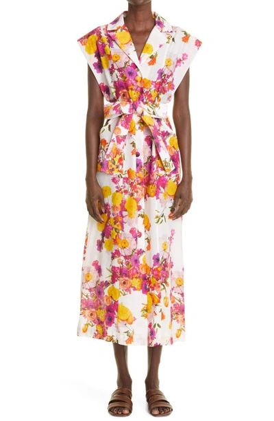 Adam Lippes Floral Print Belted Voile Shirtdress In Multicolour