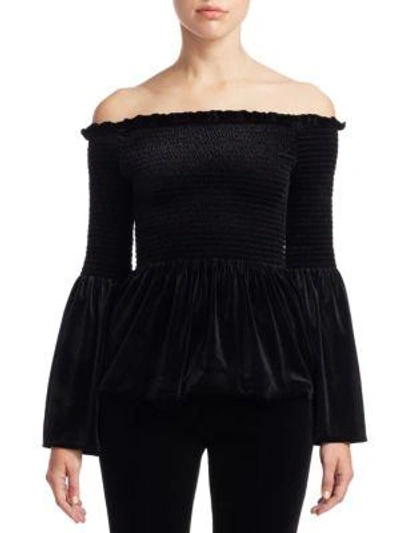 Scripted Puckered Velvet Bell-sleeve Top In Black