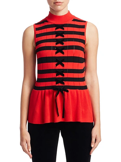 Scripted Sleeveless Lace-up Peplum Sweater In Red Stripe