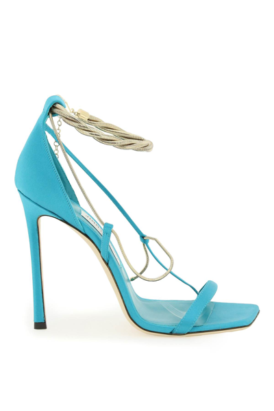 Jimmy Choo Oriana Chain-embellished Leather And Satin Heeled Sandals In Blue