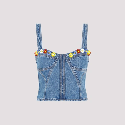 Msgm Denim Top With Bead Floral Detailing In Blue