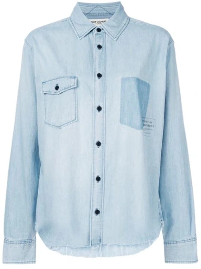 Saint Laurent Distressed Printed Denim Shirt In Light Blue