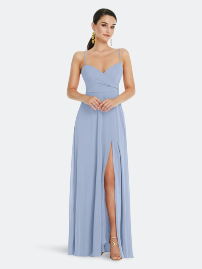 Lovely Dessy Collection Adjustable Strap Wrap Bodice Maxi Dress With Front Slit In Sky Blue