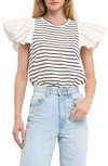 English Factory Mixed Media Stripe Ruffle Sleeve Top In White/ Black