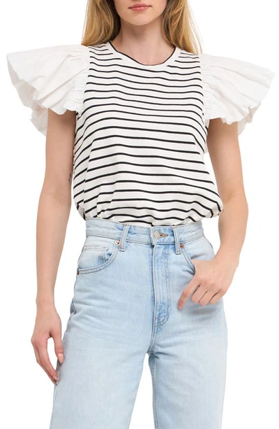 English Factory Mixed Media Stripe Ruffle Sleeve Top In White/ Black
