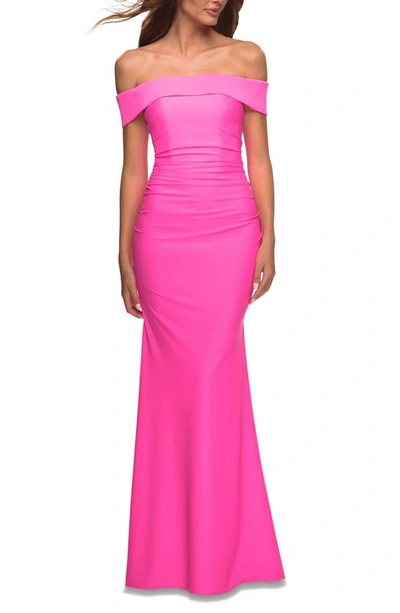 La Femme Long Off The Shoulder Ruched Neon Jersey Dress In Hot Pink